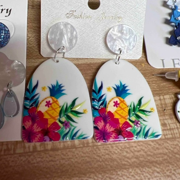 Tropical Floral & Pineapple Pattern Geometric Drop Earrings - Picture 5 of 5